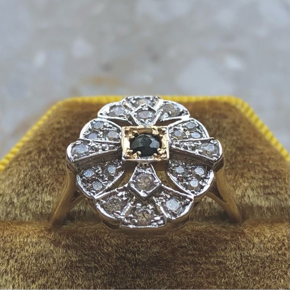 Art Deco Sapphire Ring Yellow Gold Lab Diamond Halo Vintage Ring - Picture 9 of 11